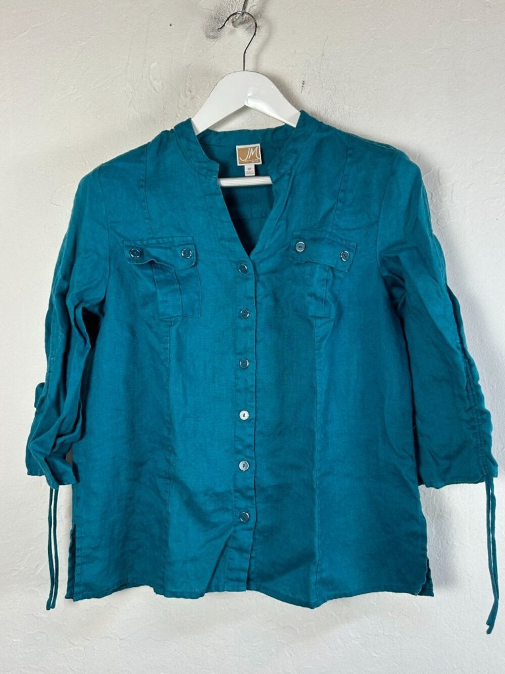 JM Collection Petite Womans Button Up 3/4 Tab Sleeve Linen Shirt Top Size 14P